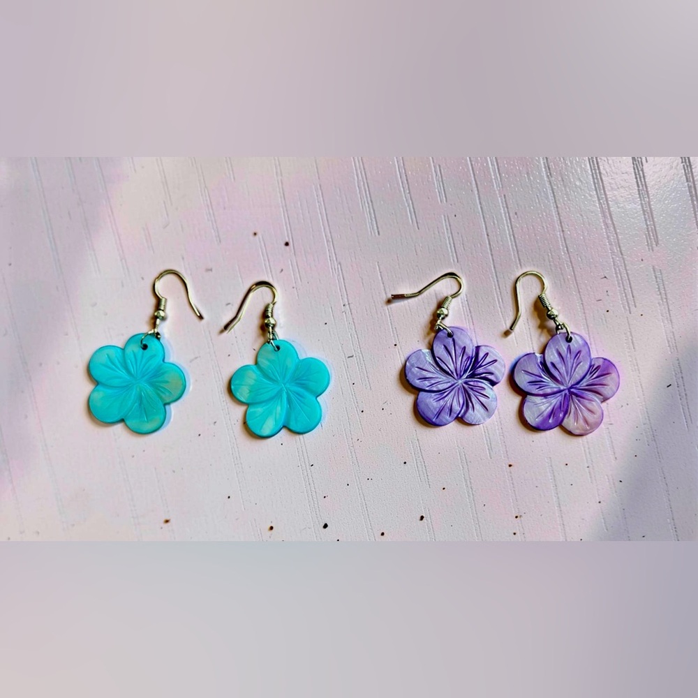 Floral Flower Dangle Pierced Earrings Blue Purple Swirl Petal 2 Pair Women New